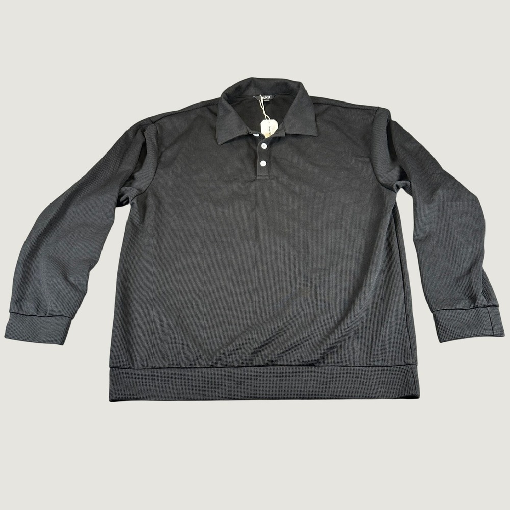 Ouku Polo Shirt Mens L Black Long Sleeve Waffle Knit Stretch NWT